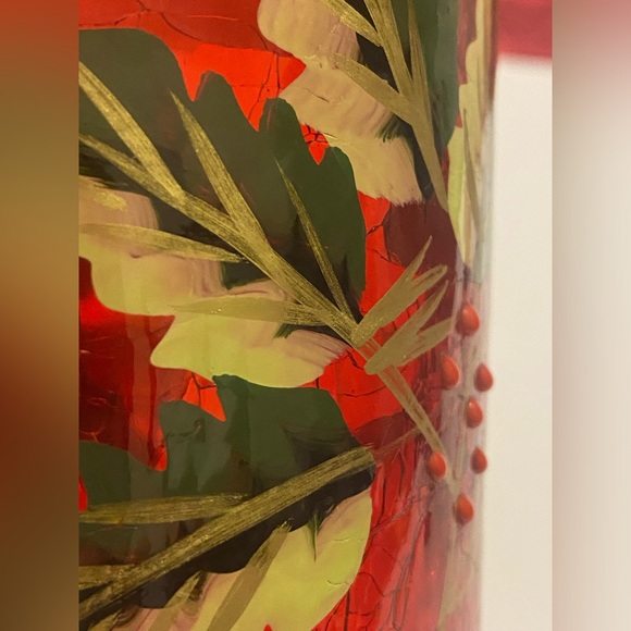 Vintage Red Crackle Glass Hurricane Vase Hand Painted Christmas Poinsettias 6” - Picture 7 of 12